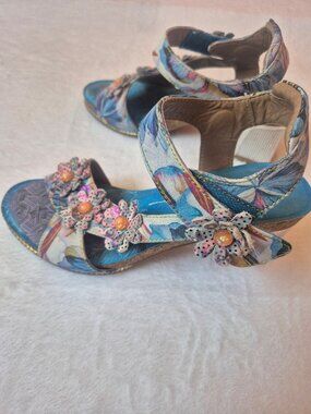 L’Artiste Spring Step Floral Heels Sandals Size 36 Boho Embellished Unique